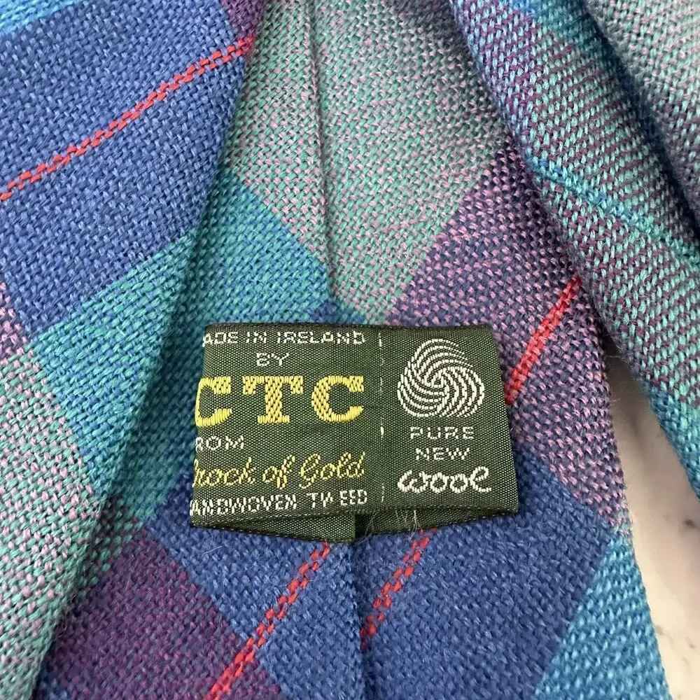 CTC Mens Vintage 80s Wool Neck Tie Made in Ireland Blue Purple Plaid Tweed